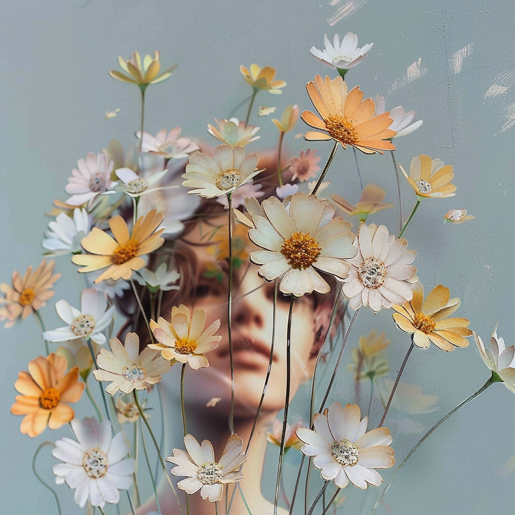 Handcrafted pastel daisies layered over a dreamy female face on a muted blue background, ideal for flower shop branding or artistic flower product showcases.