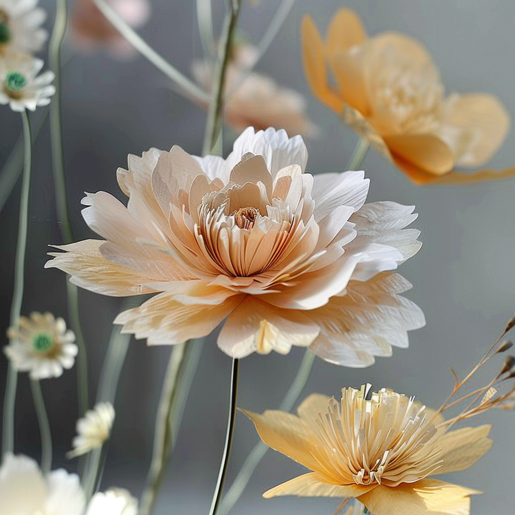 Close-up of intricately layered cream and beige paper flowers with soft petals, showcasing handcrafted floral designs for decorative bouquets or flower shop promotions.