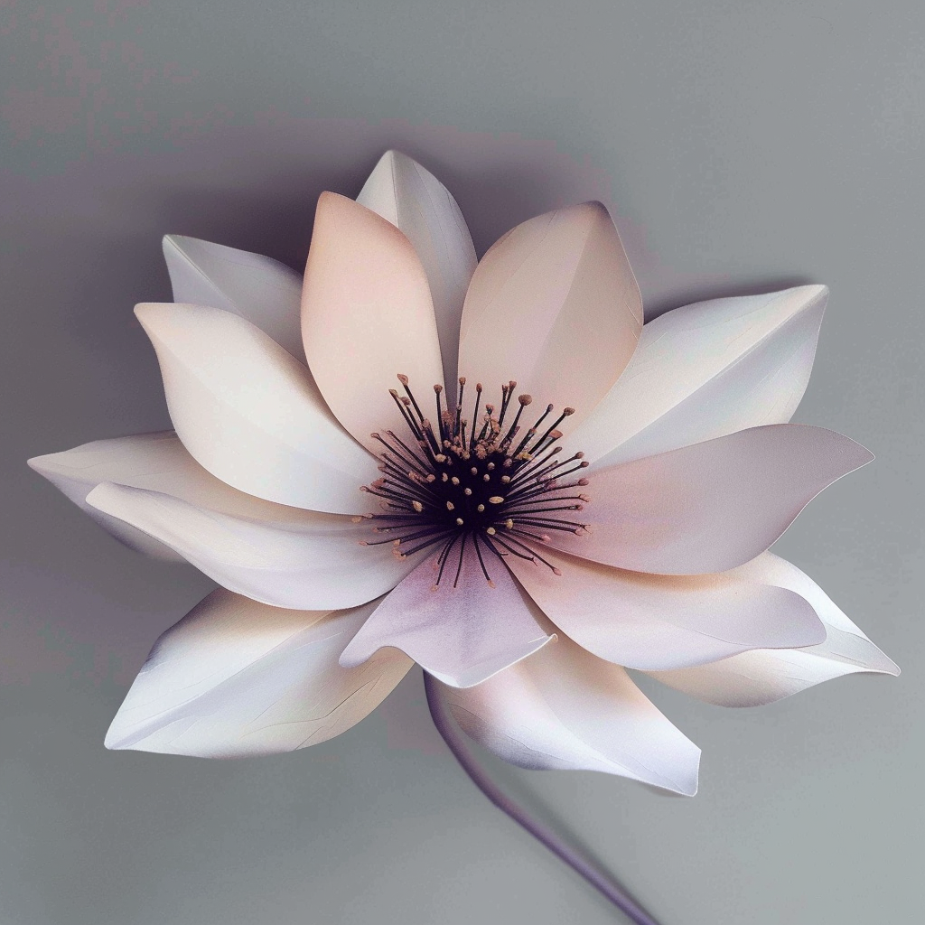 Delicate white and lavender paper flower with dark center, designed for minimalist floral art, handmade decor, or wedding bouquet inspiration.