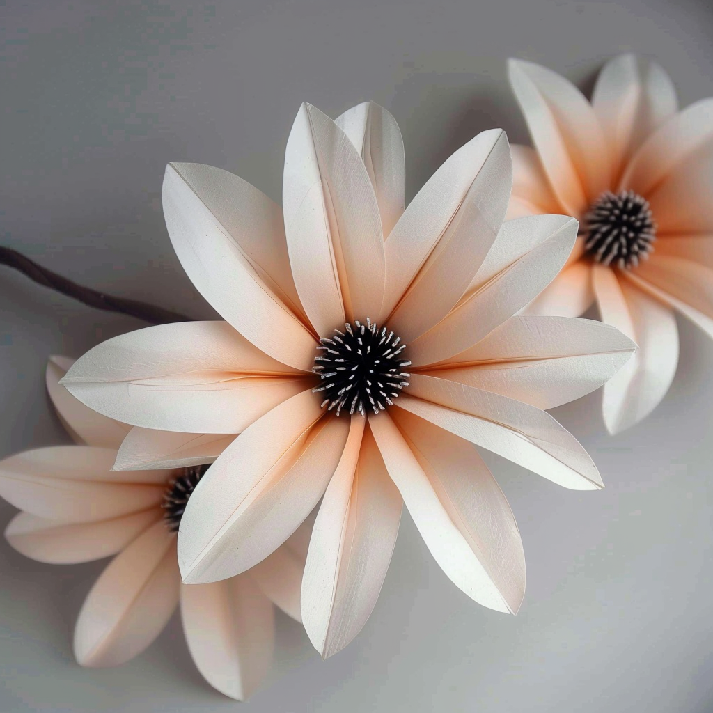 Three elegant cream and peach-toned paper flowers with pointed petals and black spiky centers, perfect for contemporary home decor, paper flower crafts, and event styling.