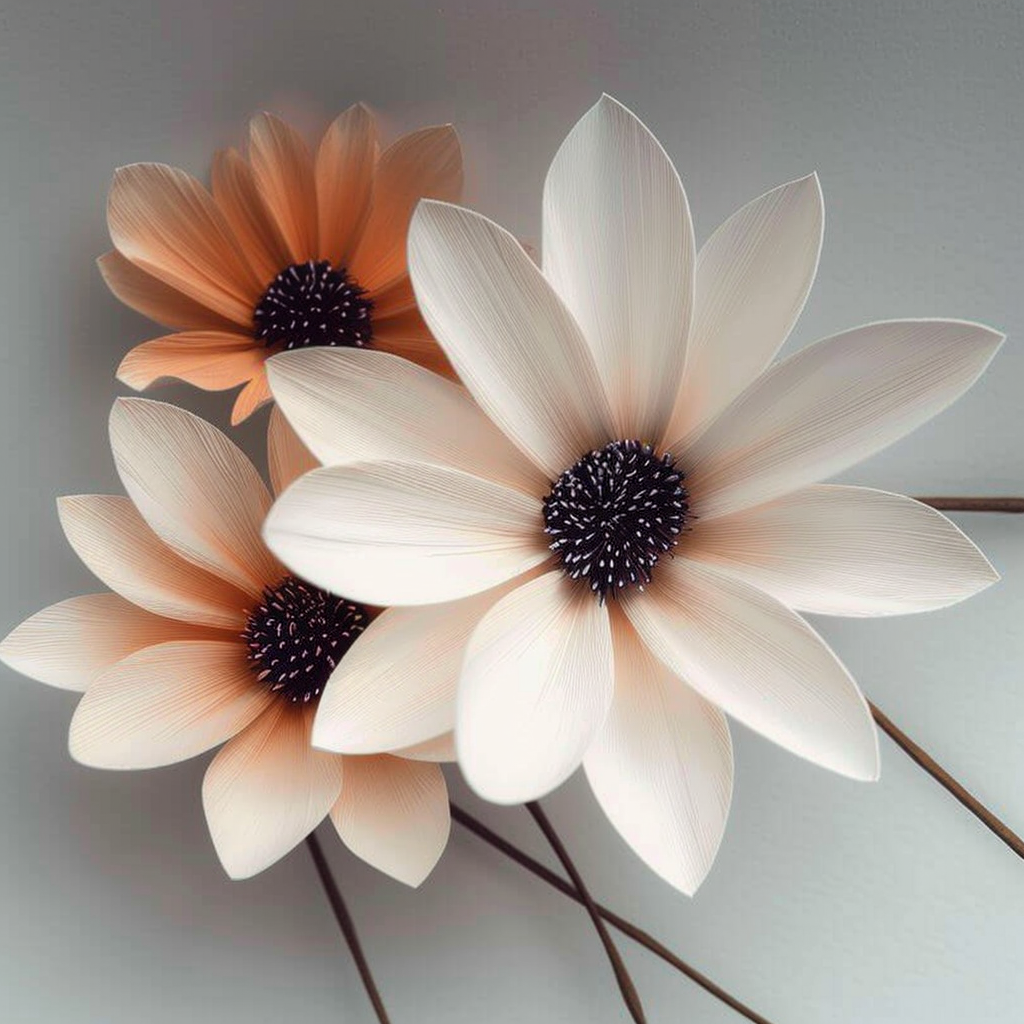 Beautiful handcrafted white and peach paper flowers with black centers, perfect for modern floral decor, or creative flower shop displays.