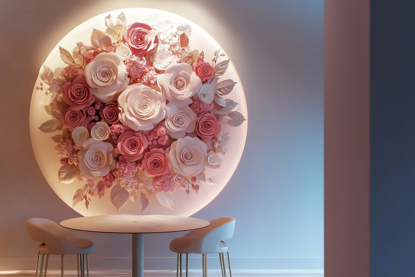 Blush Pink and White Rose Wall Art with Ambient Backlight for Elegant Interiors Round floral wall installation featuring a mix of blush pink and white roses with soft ambient backlighting, creating a luxurious and romantic interior decor accent.