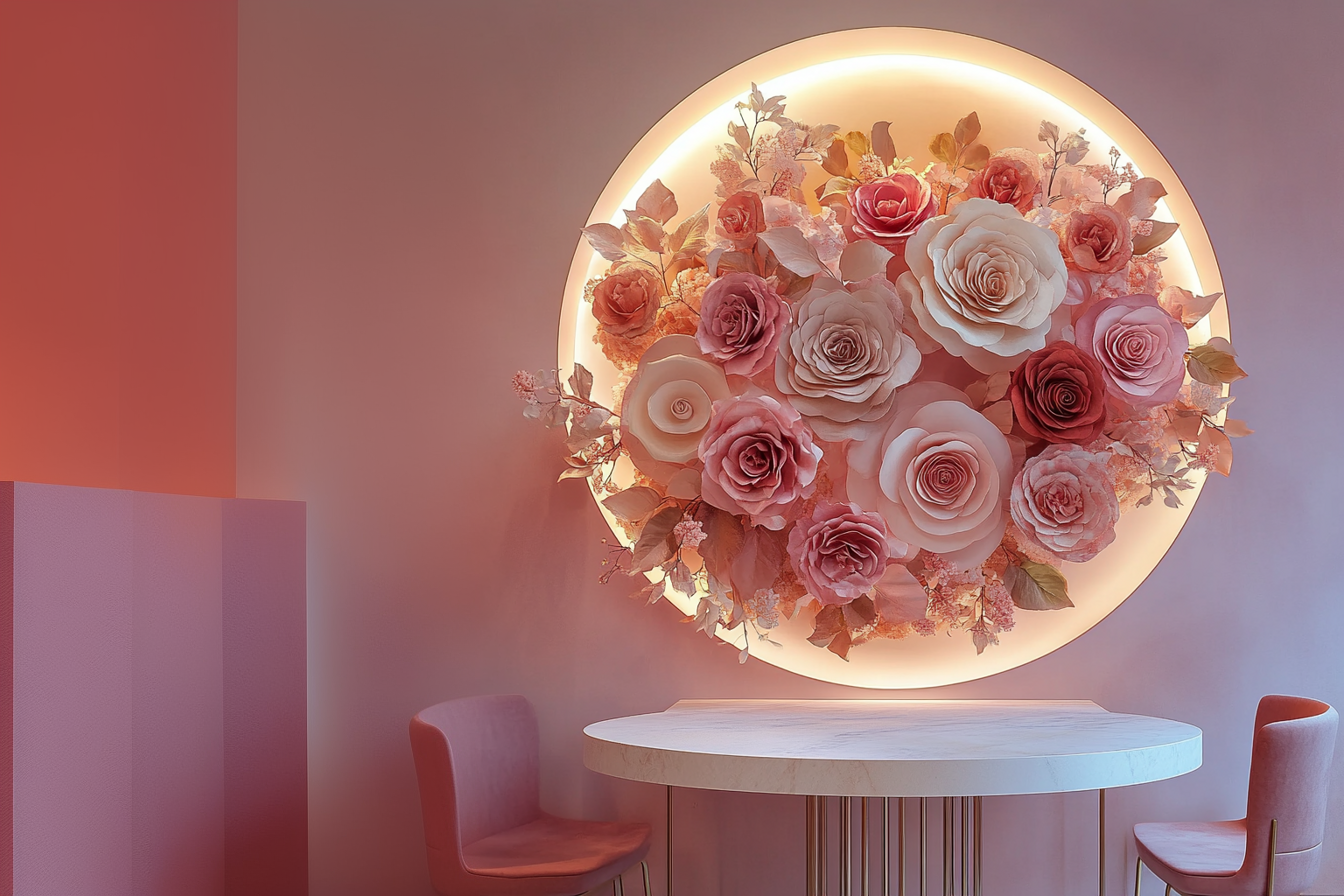 Romantic Floral Wall Mural with Backlit Roses in Elegant Pink Café Interior Stunning circular wall mural featuring layered pink and ivory roses with glowing backlighting, set in a romantic café with blush pink chairs and a round marble table.
