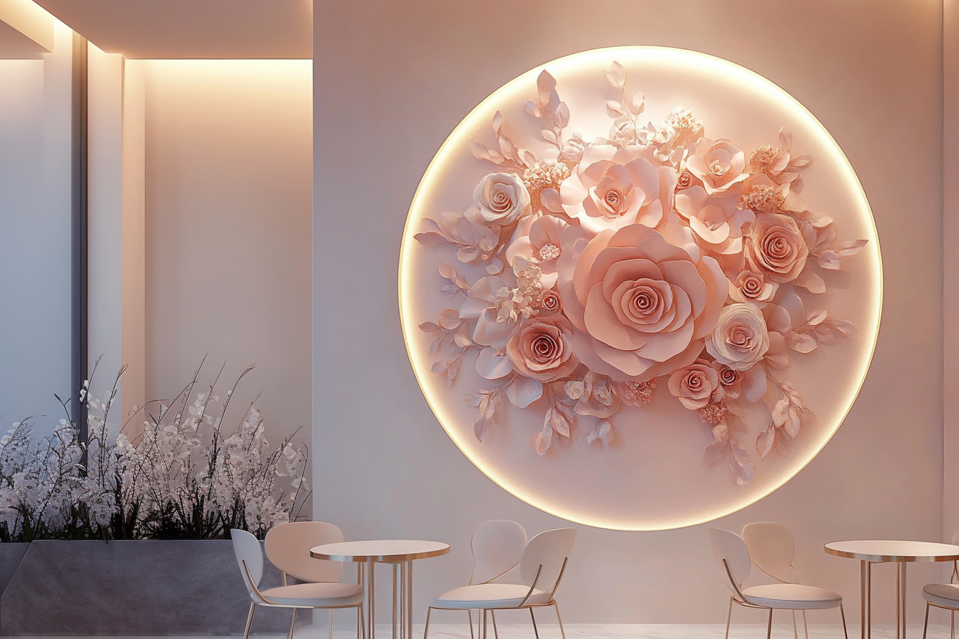 Elegant circular wall art featuring soft pink roses and floral arrangements with ambient backlighting, displayed in a modern café setting with minimalist chairs and tables.