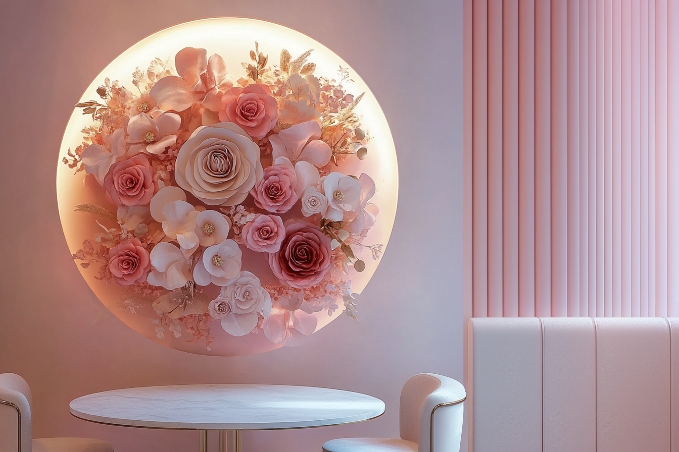 Modern Pink Café with Illuminated Floral Wall Art Featuring Roses and Orchids Softly lit round floral wall piece with paper roses, white orchids, and blush-toned blooms, featured in a stylish pink café with elegant seating and vertical panel accents.