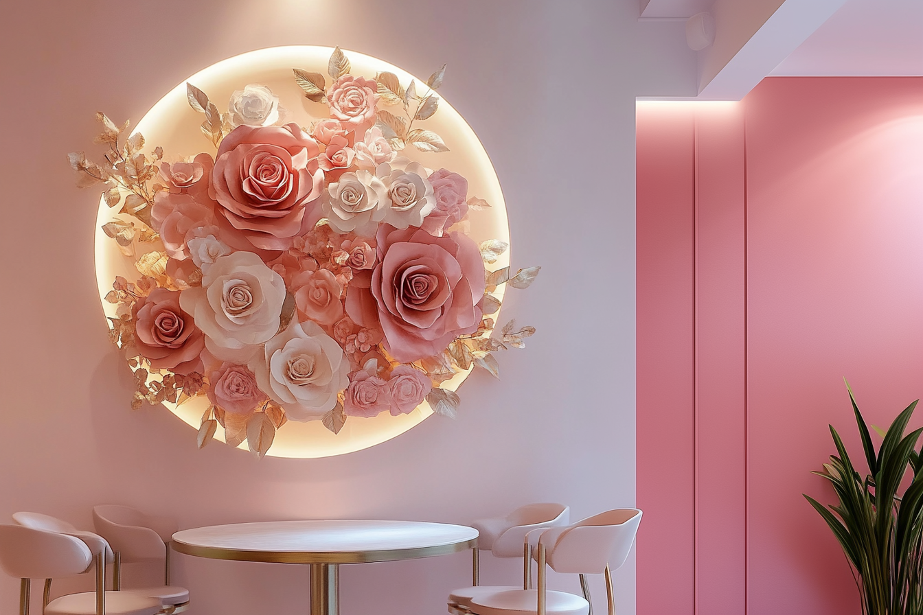 Inspiring Innovation and Growth – A Vision Rooted in Nature and Design Elegant Backlit Rose Wall Art in Soft Pink Café Interior