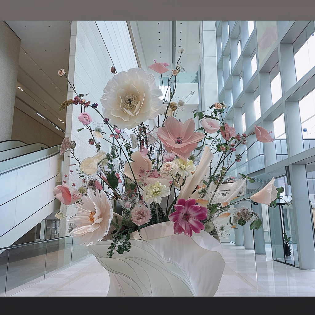 Sculptural floral arrangement with oversized pastel paper flowers, displayed in a modern commercial lobby with high ceilings and architectural lighting.