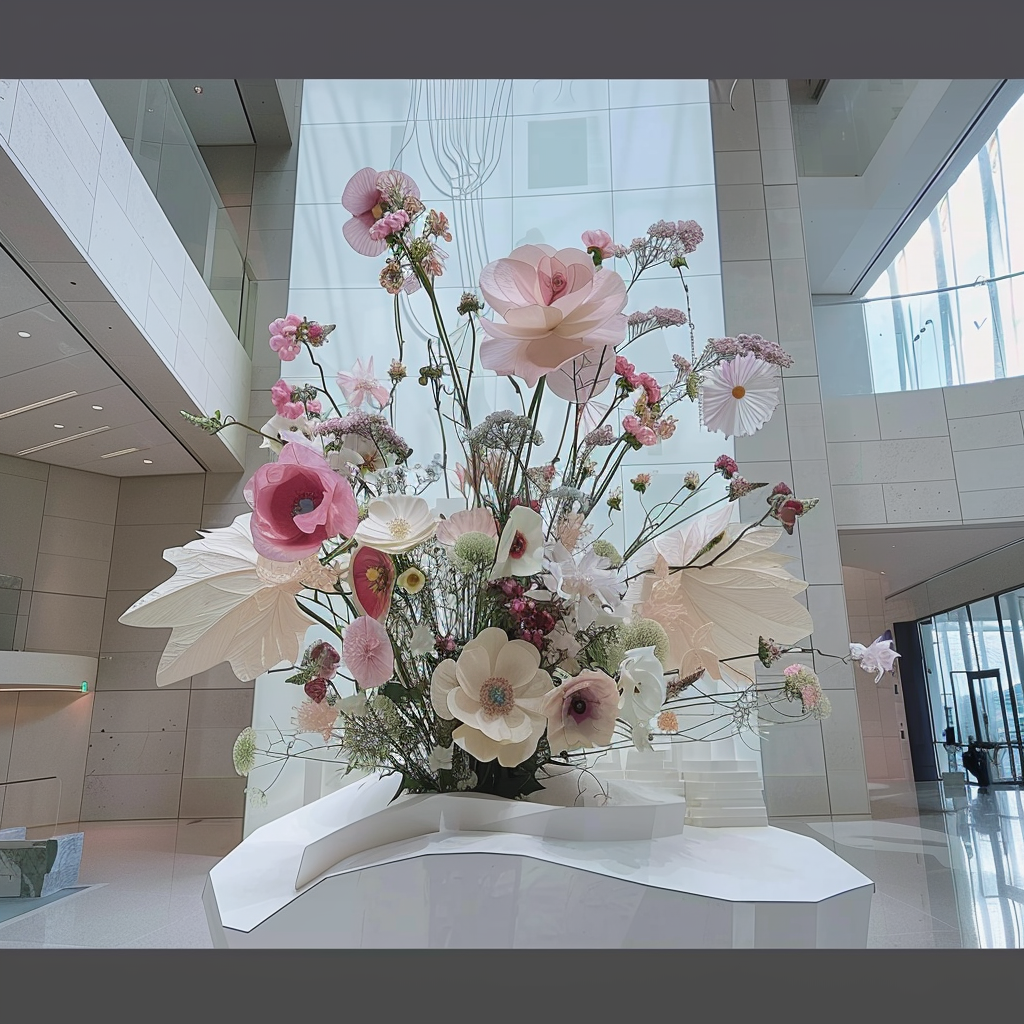 Large artistic floral installation featuring oversized pastel paper and silk flowers, delicate branches, and sculptural elements displayed in a contemporary building lobby with high ceilings and natural light.