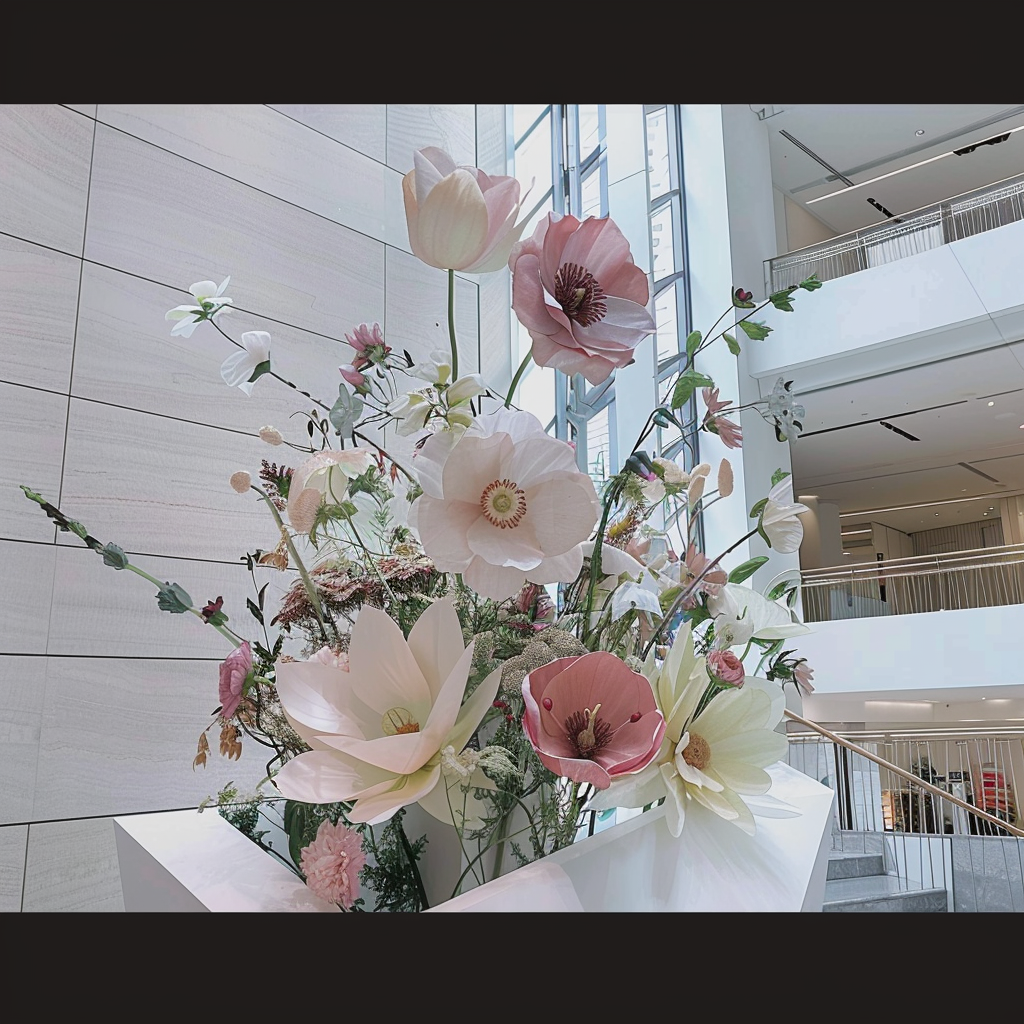 Elegant floral arrangement in a modern corporate lobby, symbolizing growth and creativity