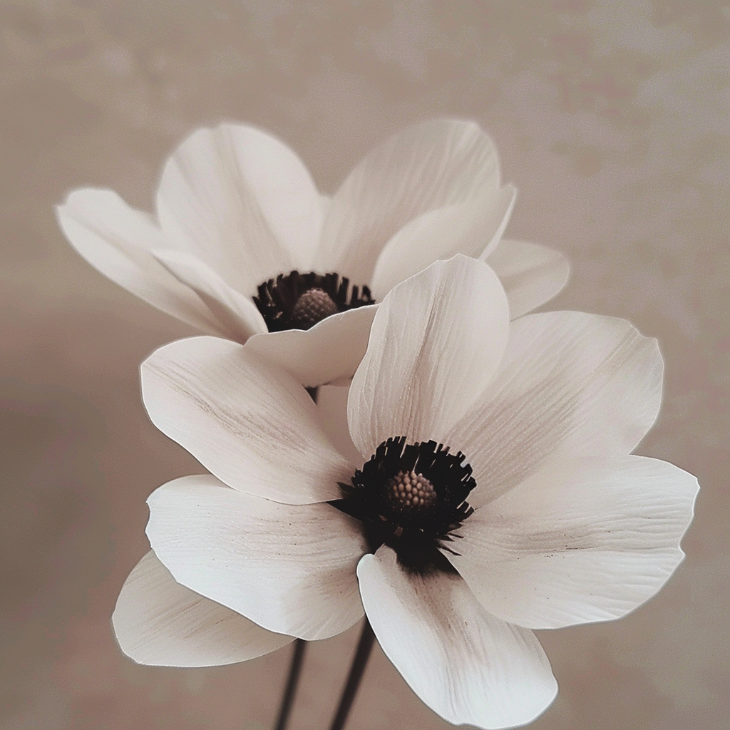 Close-up of two white anemone-inspired paper flowers with black centers for floral design, and handmade bouquet arrangements.