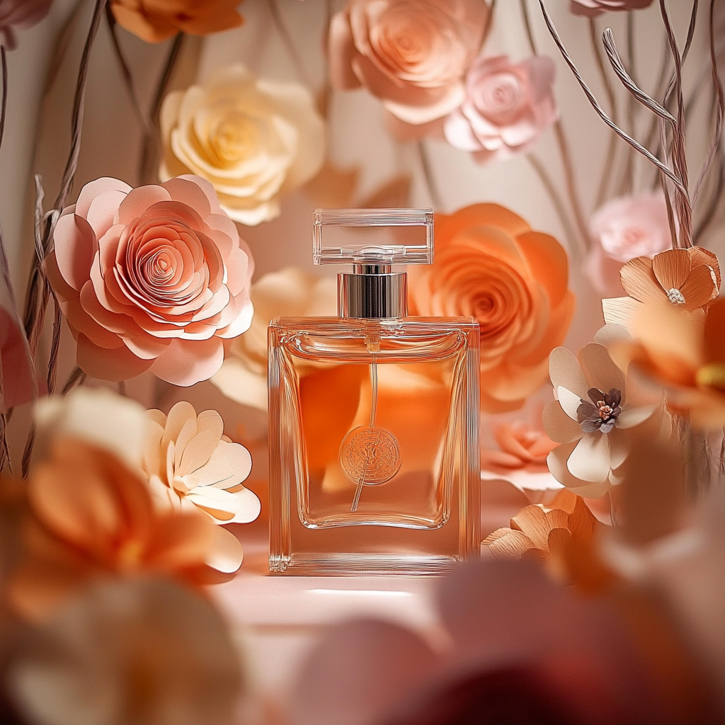 Elegant bouquet of peach and cream paper flowers artistically arranged around a perfume bottle, ideal for floral gift displays, decorative centerpieces, and luxury flower arrangements.