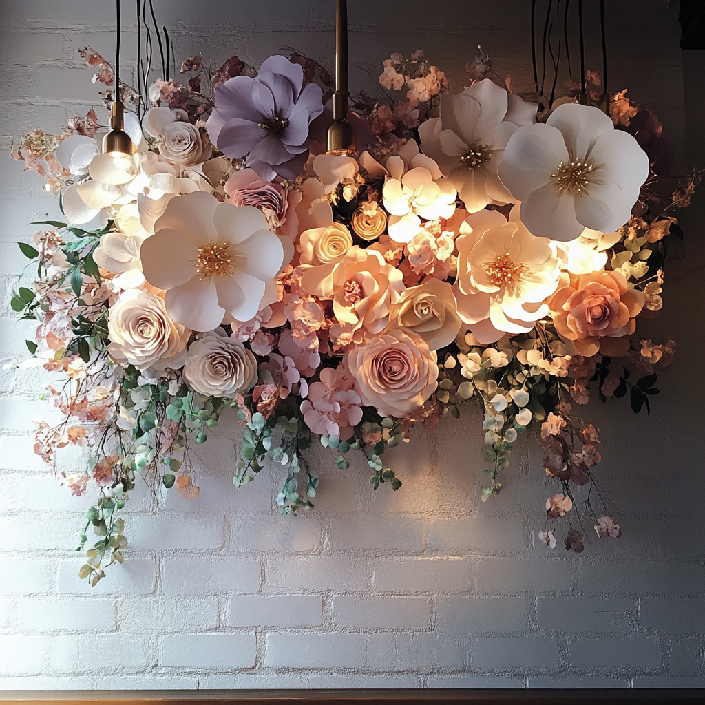Large focal flowers —inspired by magnolias or anemones—made of pearl paper