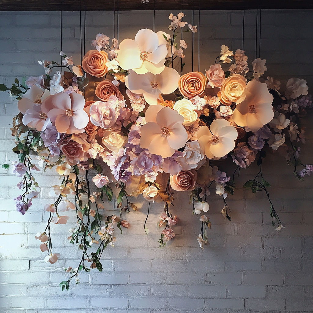 The floral installation in the restaurant is done in soft pastel colors - mainly cream, soft pink and lavender. The flowers are made of pearl paper and silk and include a variety of styles, such as roses, peonies and large five-petal inflorescence.