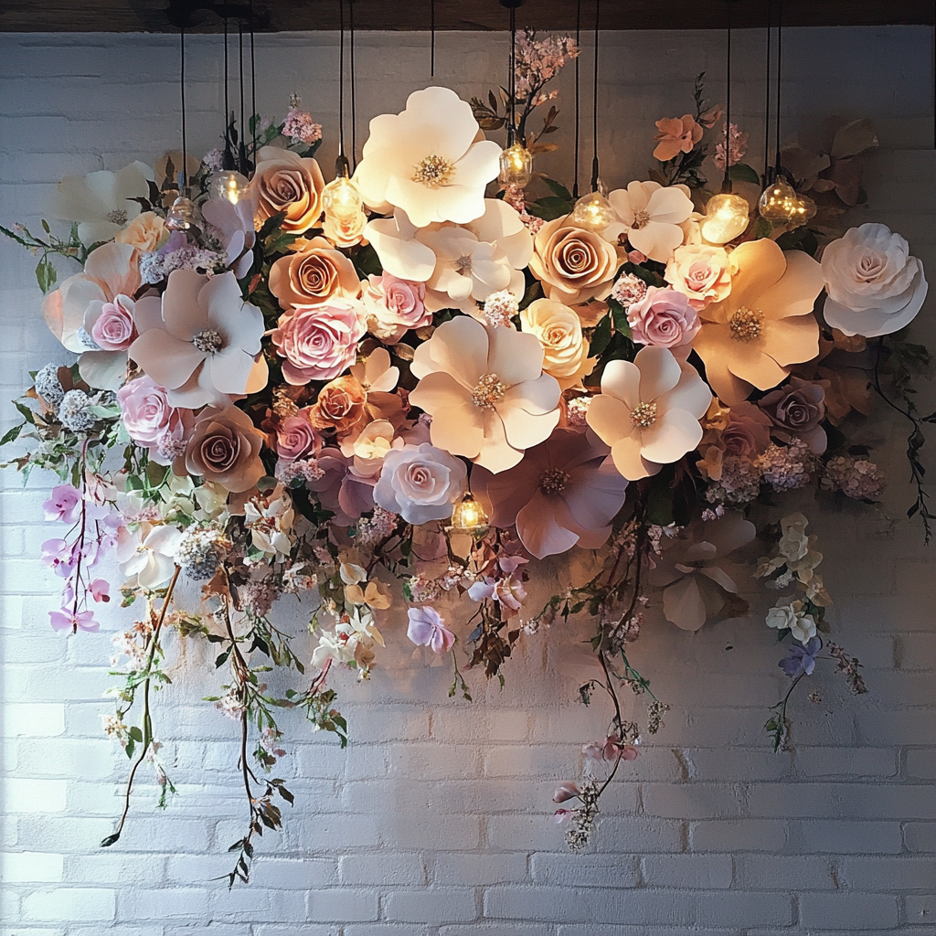 Floral ceiling decor with shiny paper flowers, interspersed with silk flowers and hanging lamps