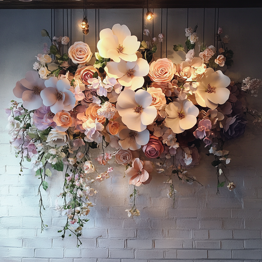 Pastel paper flower wall decor with cascading blooms and hanging lights