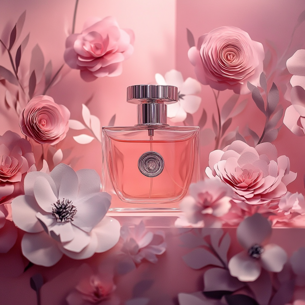 Artfully crafted pink and white paper flowers surrounding a perfume bottle, featuring layered rose designs and delicate floral details perfect for weddings, events, or decorative accents.