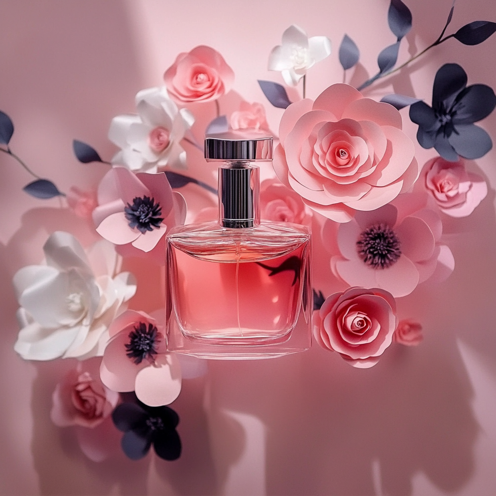 Glass perfume bottle, showcased among delicate paper flowers in shades of blush, white, and navy on a soft pink background, evoking a romantic and luxurious aesthetic.