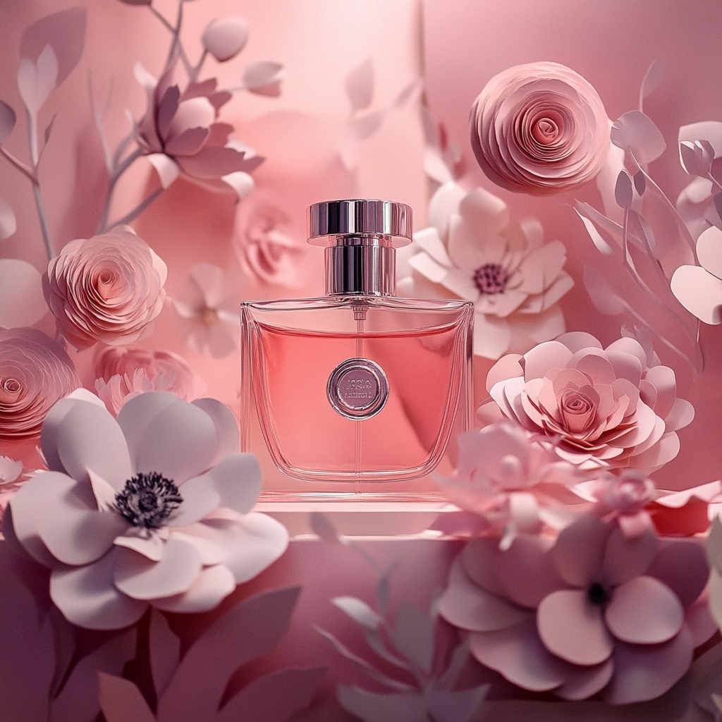 Handcrafted pink and white paper flowers elegantly arranged around a perfume bottle, perfect for luxury displays, product styling, and boutique decor.