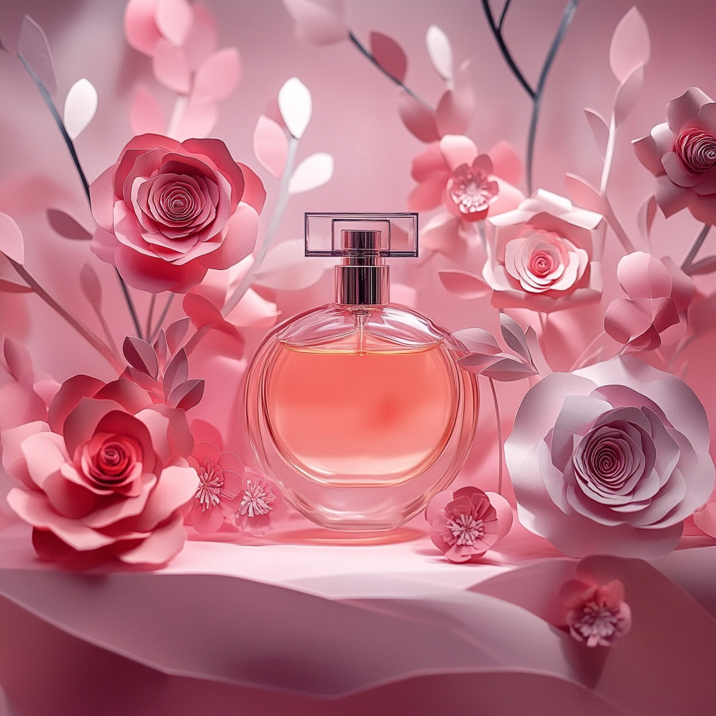 Delicate blush and rose pink paper flowers arranged around a round perfume bottle, ideal for product styling, romantic displays, and upscale event decor.