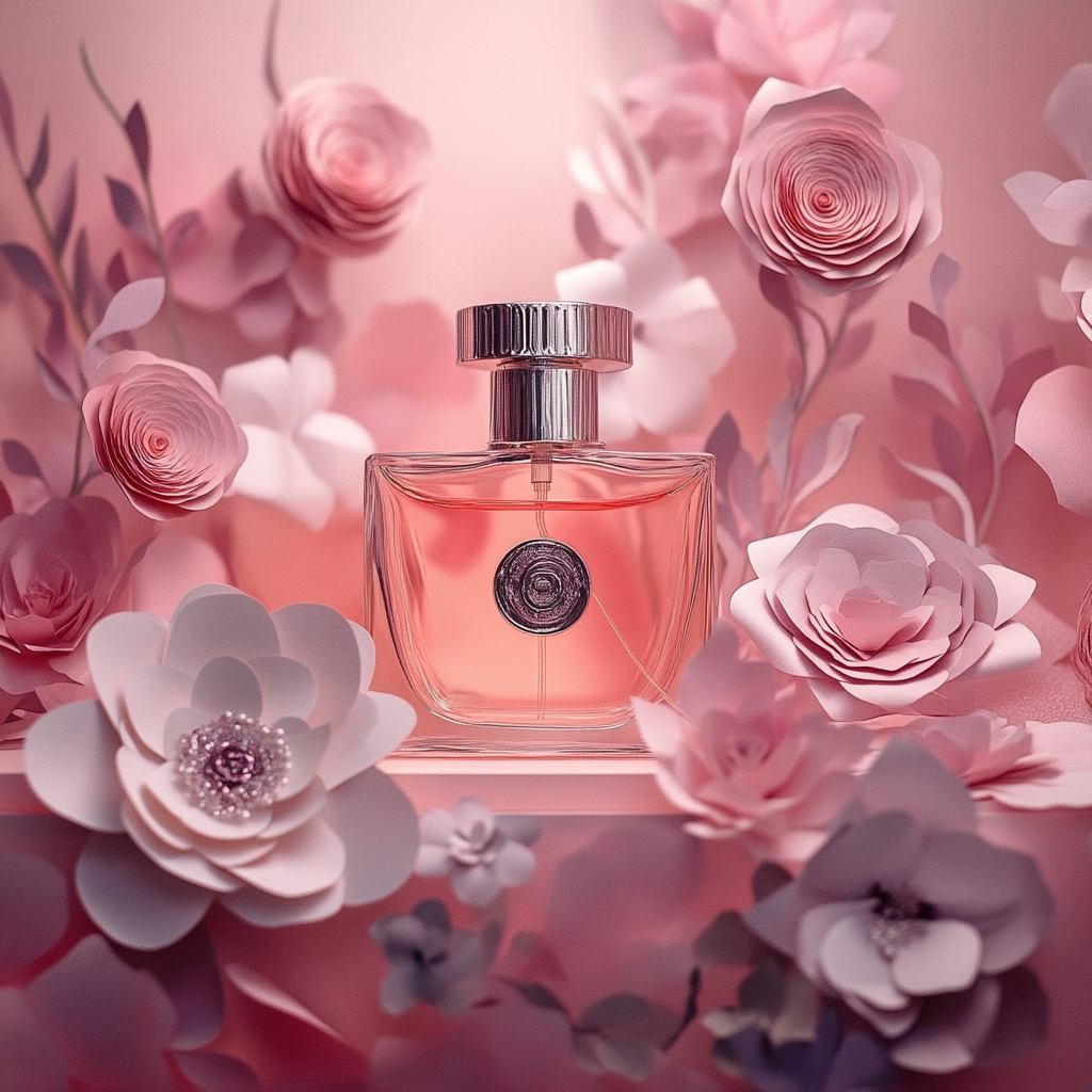 Handcrafted paper flowers in soft pink, blush, and ivory shades surrounding a perfume bottle, ideal for romantic photo styling, boutique decor, and wedding arrangements.