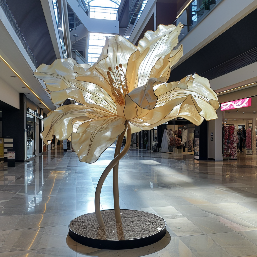 Large light-filled flower sculpture with flowing translucent petals, showcased in the central atrium of a modern shopping mall, blending art and architecture for public space decor