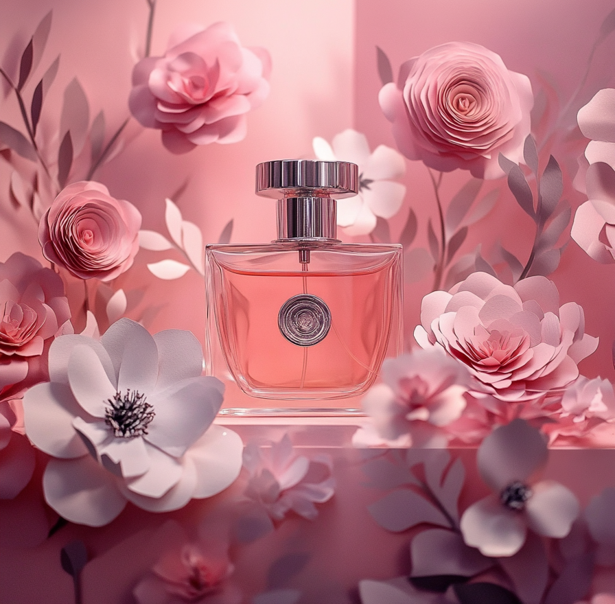 A backdrop of intricate paper flowers in soft pink and white tones, creating a luxurious and romantic visual.