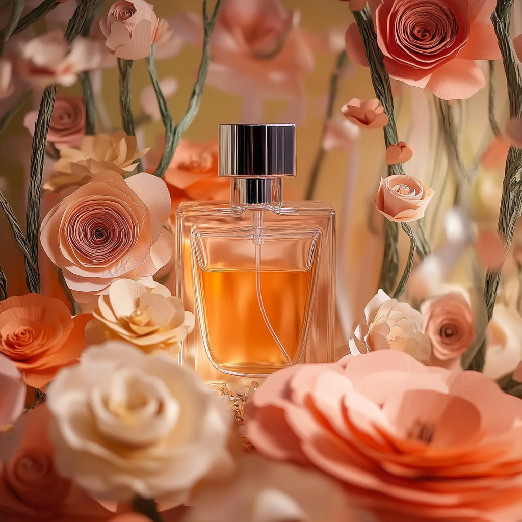 Beautiful arrangement of handcrafted paper flowers in peach, blush, and cream tones surrounding a perfume bottle