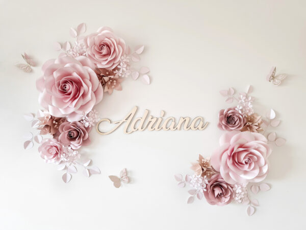 Blush Pink Paper Flower wall decor for girl's room with personalized name sign