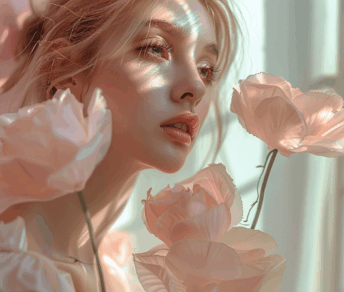 Romantic portrait of a woman with blush-toned artificial flowers, ideal for luxury floral branding or cosmetics ads.