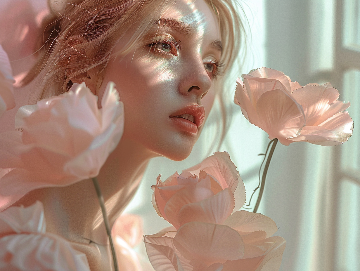 Romantic portrait of a woman with blush-toned artificial flowers, ideal for luxury floral branding or cosmetics ads.