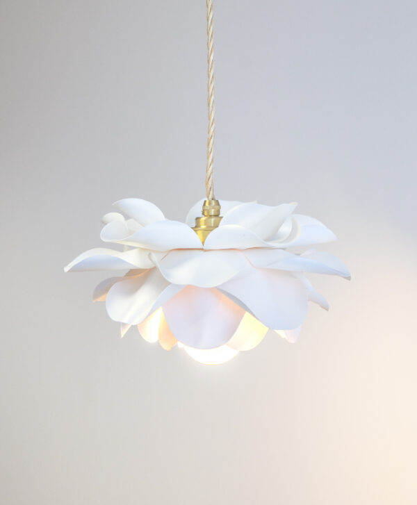 White gold paper pendant light with brass lampholder and light gold cord