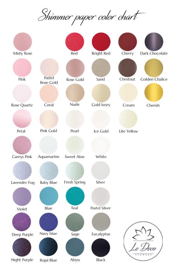 Shimmer paper color chart with 42 shades including Misty Rose, Red, Gold, Pink, Blue, Purple, Black; Le Deco paper flower color options for custom pendant lights and decor.