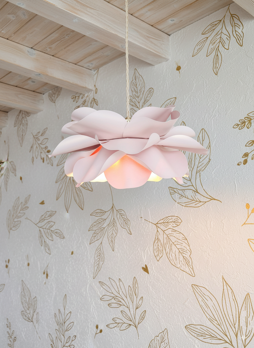 A pale pink, flower-shaped pendant light. The light fitting is suspended from a white cord and has multiple petal layers.