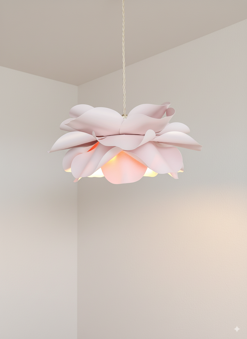 A pale pink, flower-shaped pendant light. The light fitting is suspended from a white cord and has multiple petal-like layers. The light emits a soft, warm glow, creating a decorative and elegant lighting solution for a room.