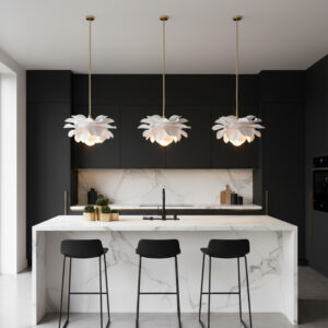 Set of 3 Sculptural Kitchen island pendant lights - Paper flower chandeliers for home decor, dining room.