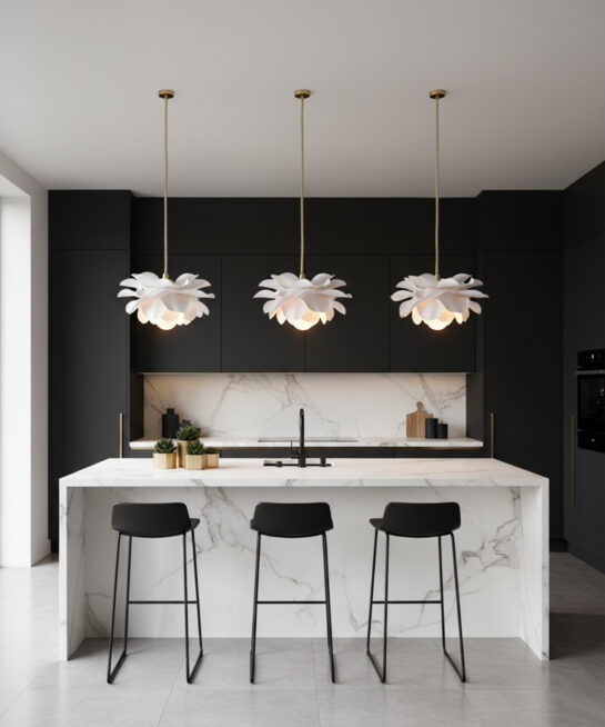Set of 3 Sculptural Kitchen island pendant lights - Paper flower chandeliers for home decor, dining room.