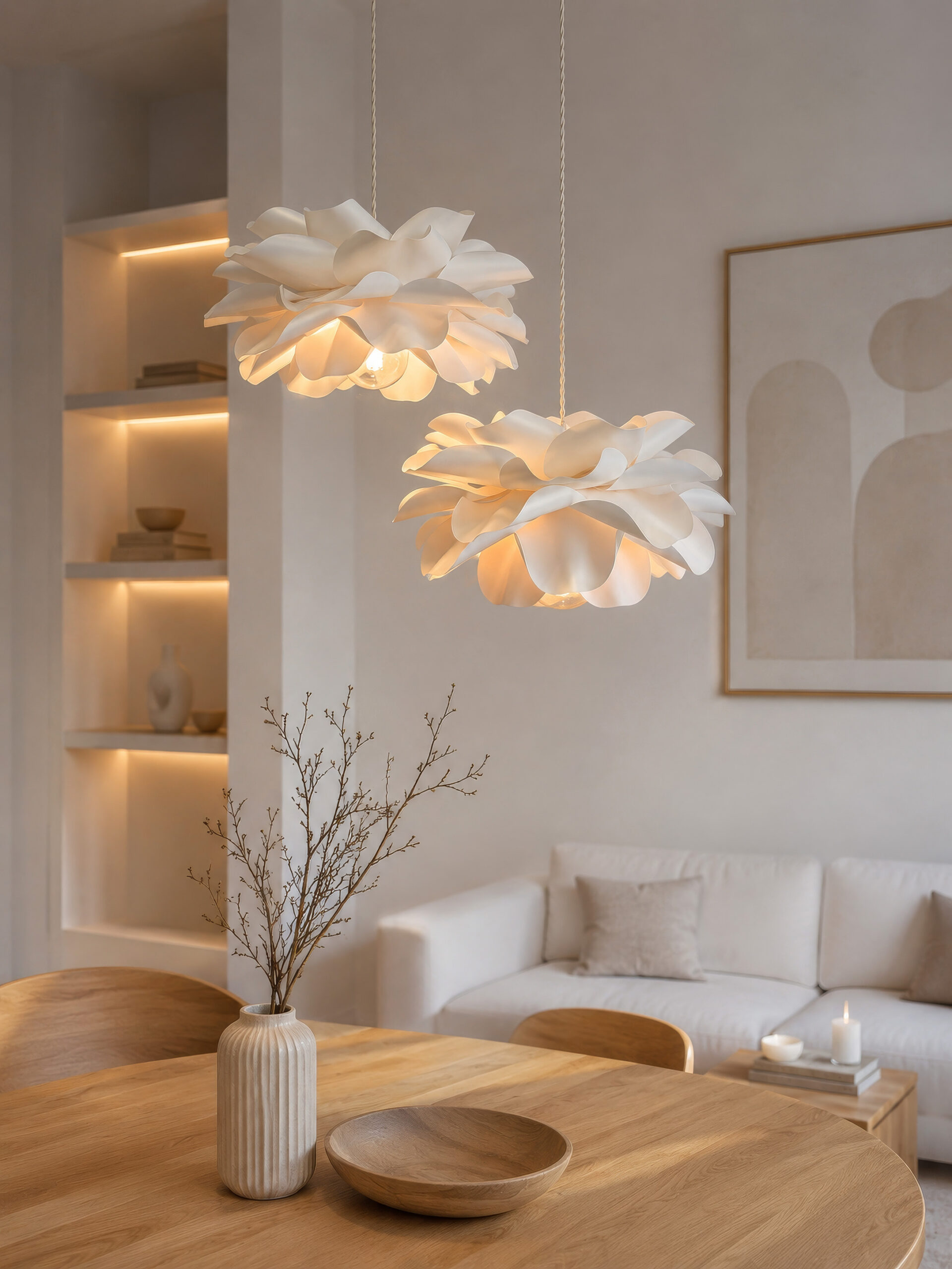Handmade flower pendant lamps glowing in a cozy modern interior