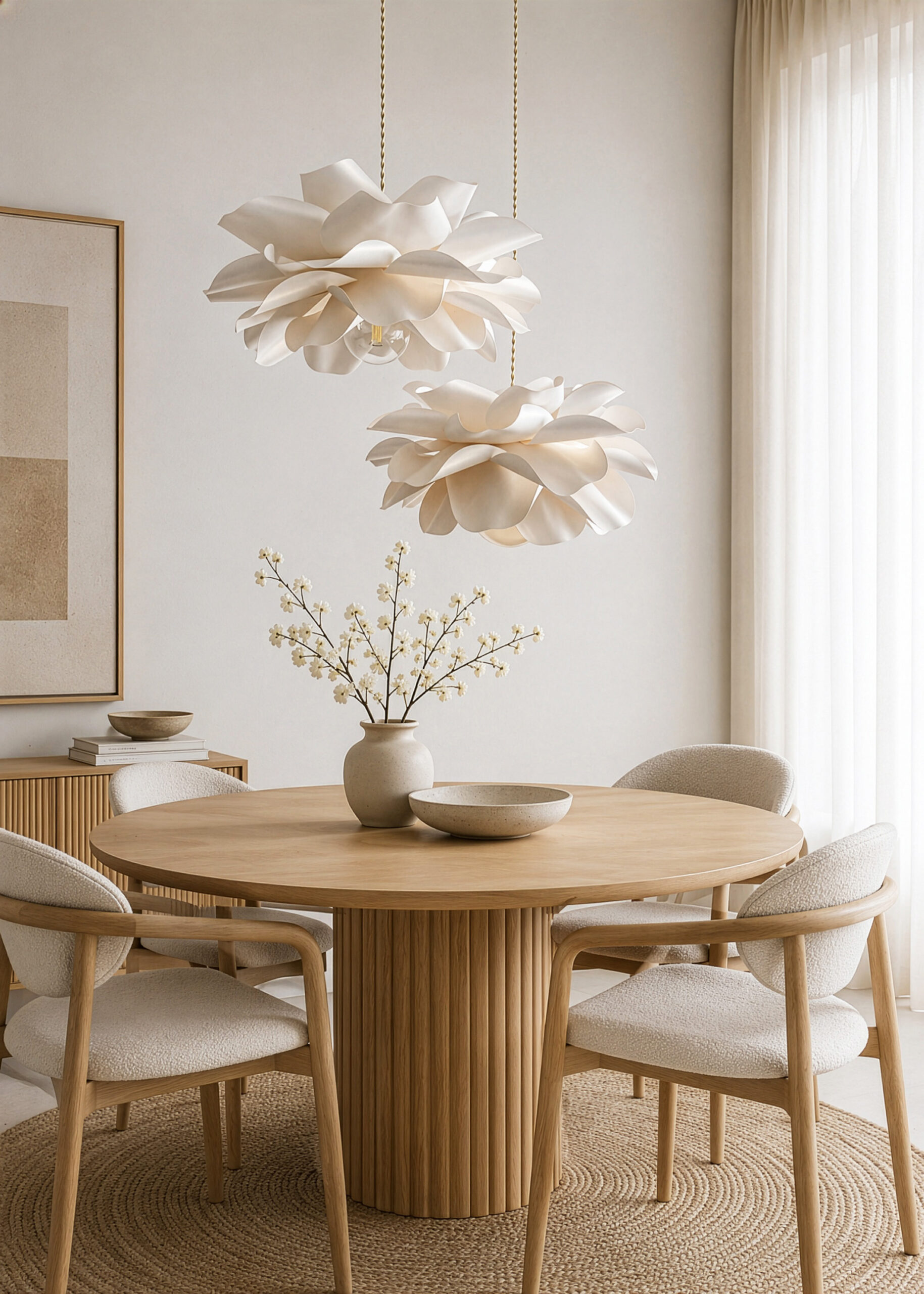 Set of 2 flower pendant lights above wooden dining table