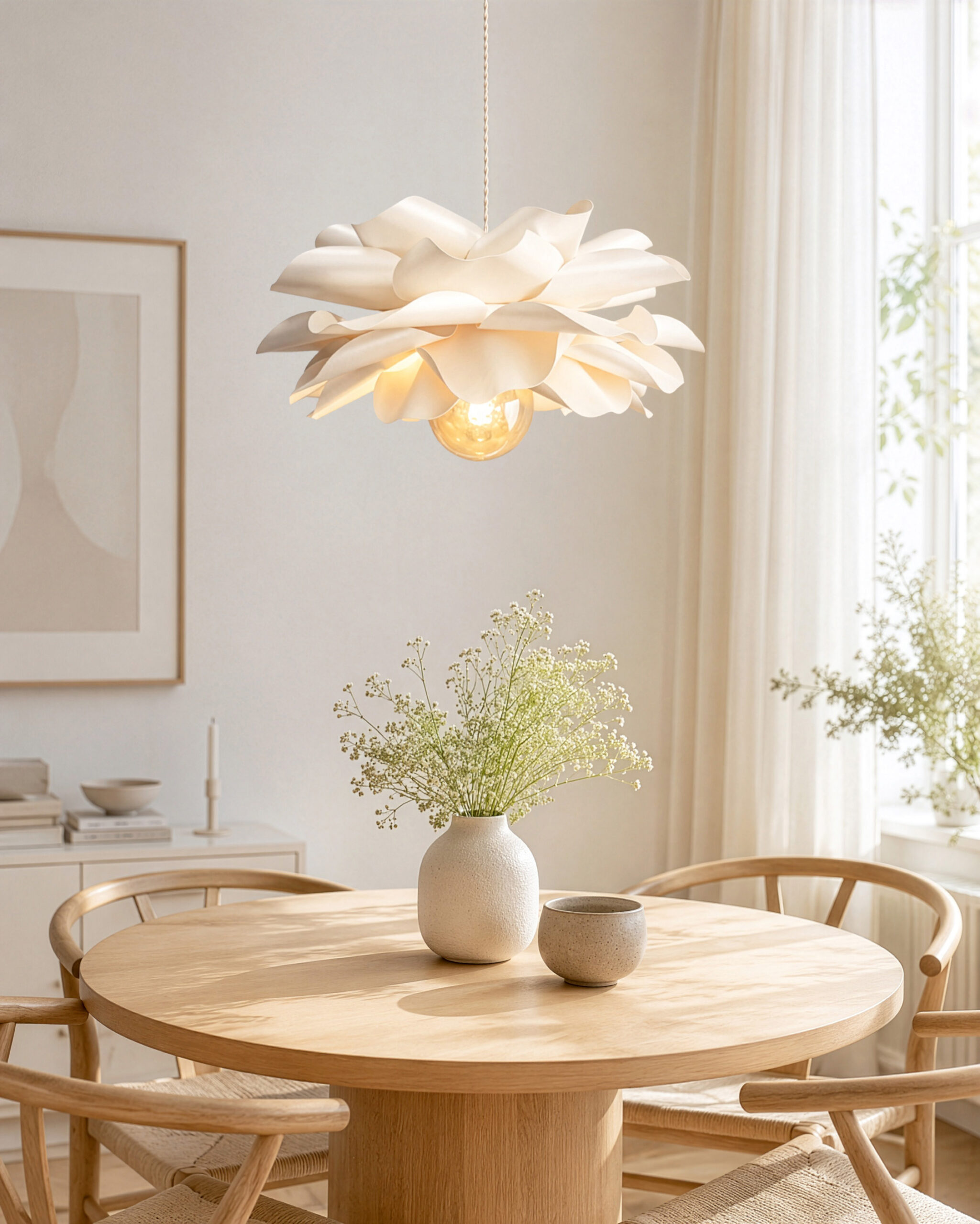 Handmade white flower pendant lamp hanging above dining table in a warm minimalist interior