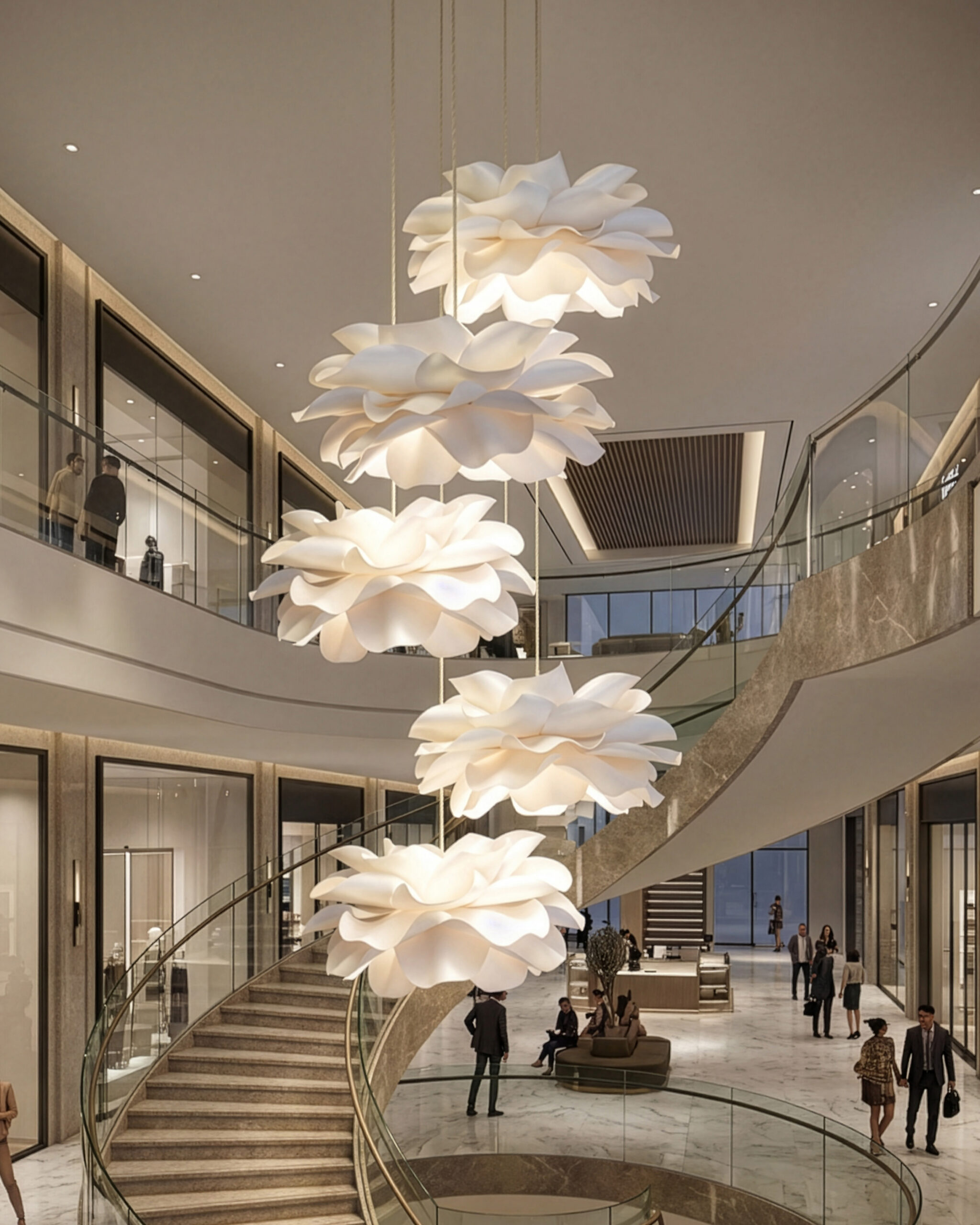 Five white handmade paper flower pendant lights suspended above a luxury staircase. Custom floral chandelier cluster for tall foyer and high ceiling lighting.