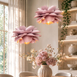 Blush Pink Paper Flower Pendant Lights in Dining Room