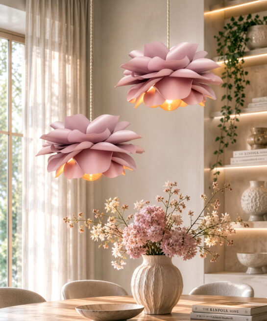 Blush Pink Paper Flower Pendant Lights in Dining Room