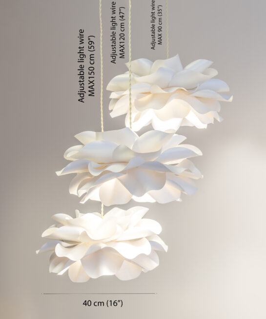 Dimensions of the LeDecoFlowers 40 cm handmade paper flower pendant light with adjustable cord lengths (90 cm, 120 cm, and 150 cm).